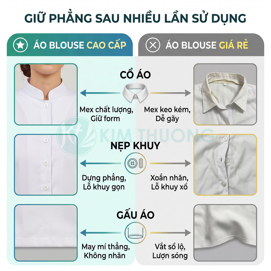 So sánh áo blouse cao cấp Kim Thương phẳng phiu với áo blouse giá rẻ dễ nhăn và nhanh xuống form