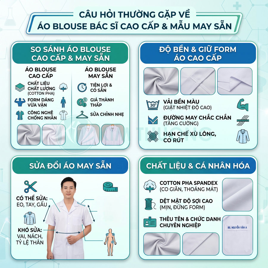 Infographic so sánh áo blouse bác sĩ cao cấp và áo may sẵn, nêu độ bền, chất liệu và khả năng chỉnh sửa