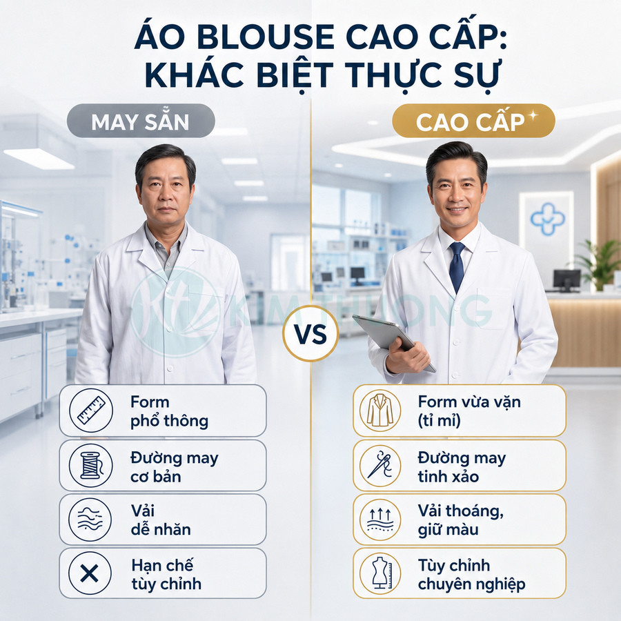 Áo blouse bác sĩ cao cấp khác gì với mẫu may sẵn?