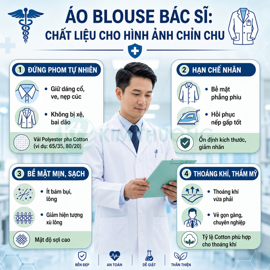 Áo blouse bác sĩ chất liệu polyester pha cotton, bề mặt mịn sạch, hạn chế nhăn, thoáng khí và giữ phom chuẩn chuyên nghiệp
