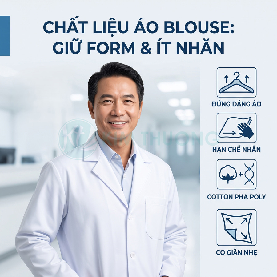Bác sĩ nam mặc áo blouse trắng cotton pha poly ít nhăn, giữ form, co giãn nhẹ trong bệnh viện