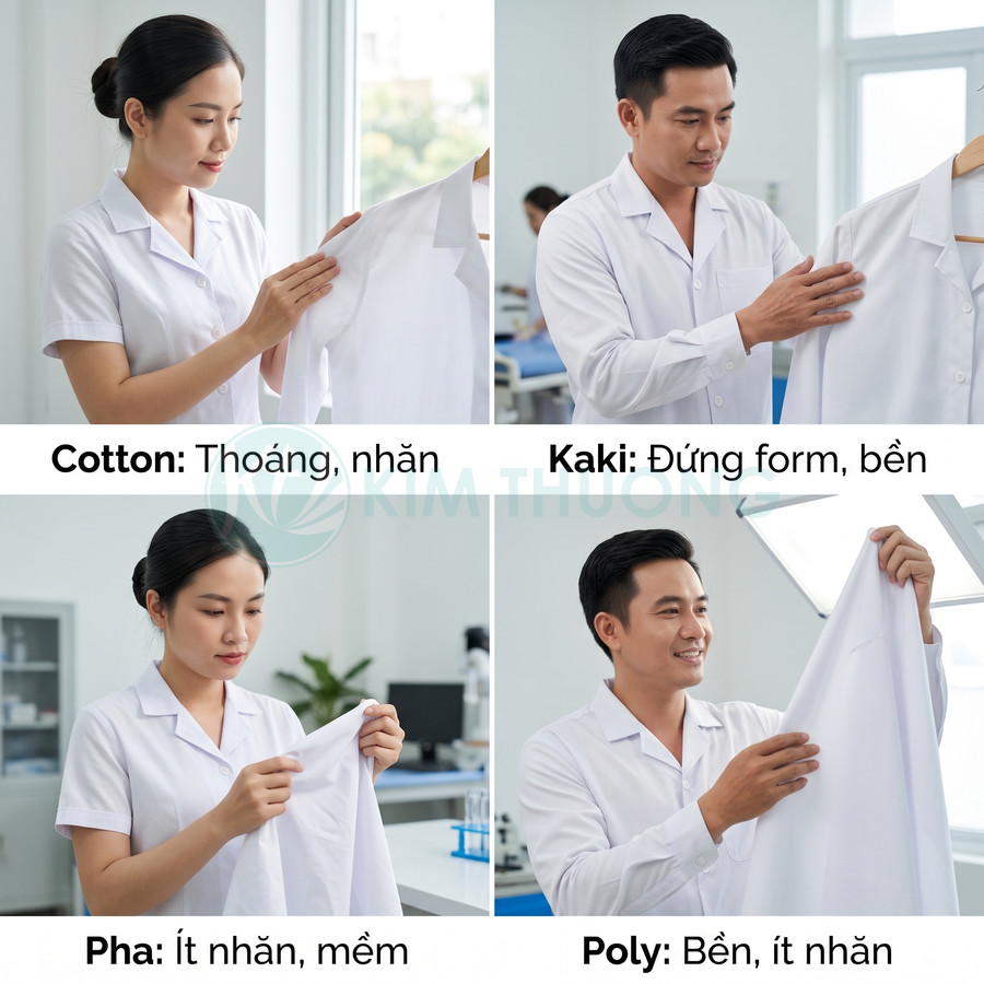 So sánh chất liệu áo blouse y tế cotton, kaki, vải pha và poly với đặc tính thoáng mát, bền, ít nhăn