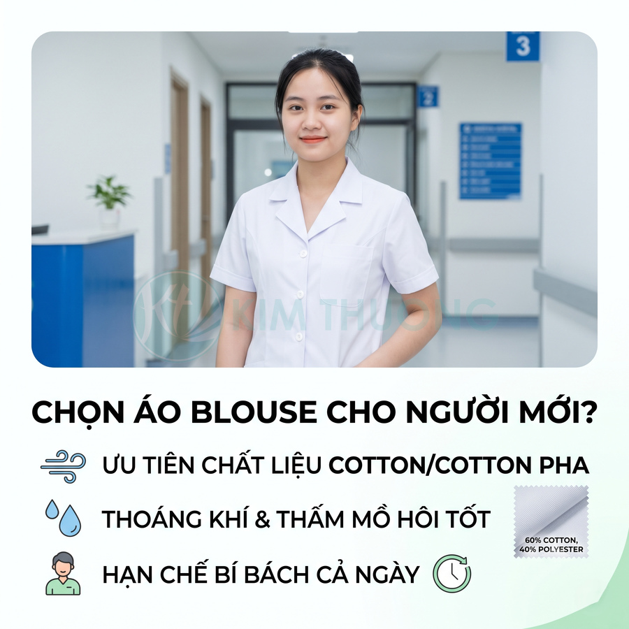 Áo blouse y tá nữ chất liệu cotton pha thoáng khí thấm mồ hôi tốt, phù hợp nhân viên y tế mới