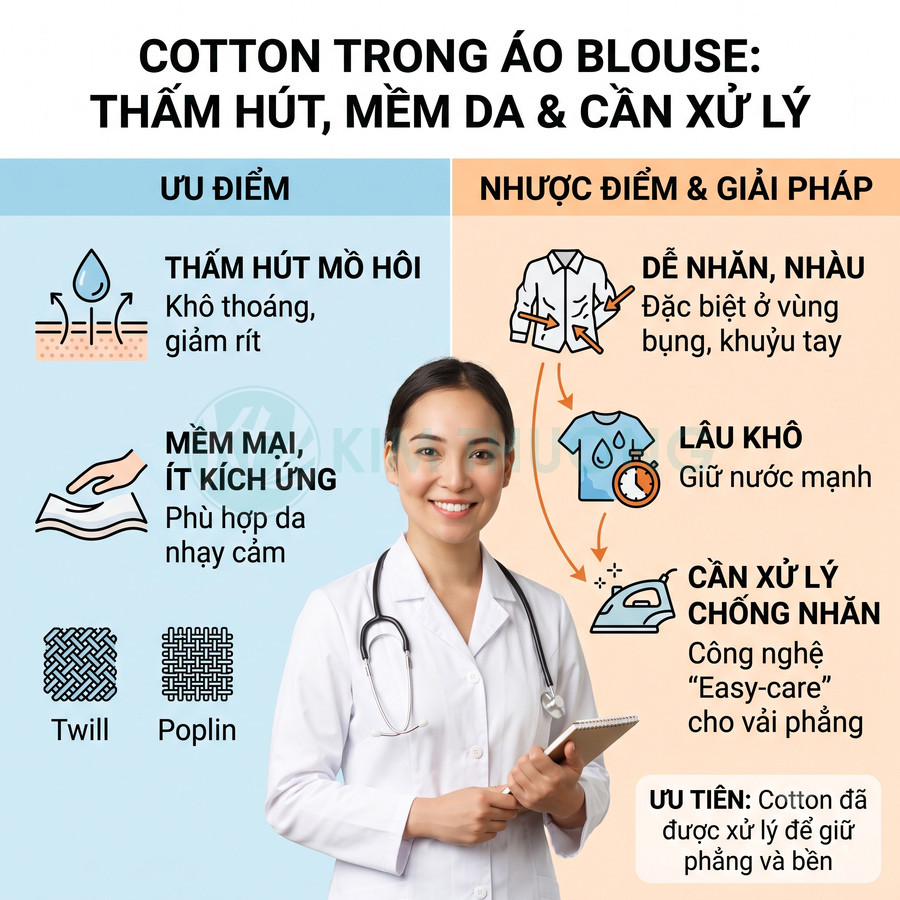 Bác sĩ mặc áo blouse cotton trắng, infographic ưu nhược điểm và xử lý chống nhăn cho vải cotton