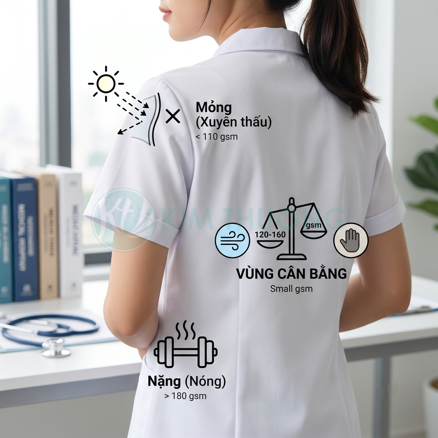 Áo blouse y tế nữ màu trắng chất liệu vải dày vừa, không xuyên thấu, phù hợp môi trường phòng khám