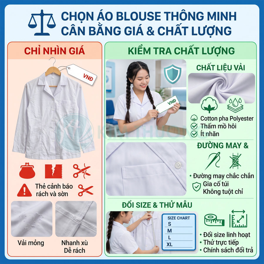 Hướng dẫn chọn áo blouse y tế chất lượng với chất liệu cotton pha polyester và đường may chắc chắn