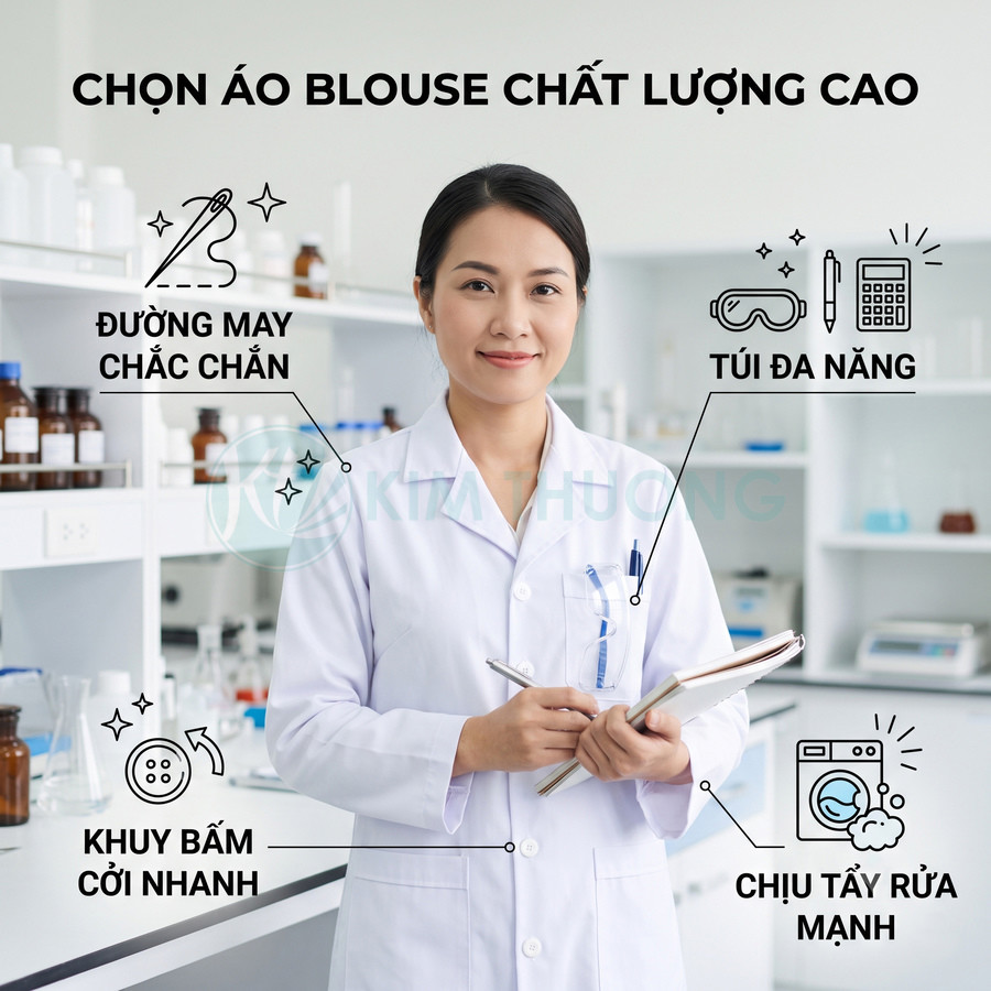 Áo blouse bác sĩ trắng chất lượng cao với đường may chắc chắn, khuy bấm cởi nhanh và túi áo đa năng trong phòng thí nghiệm