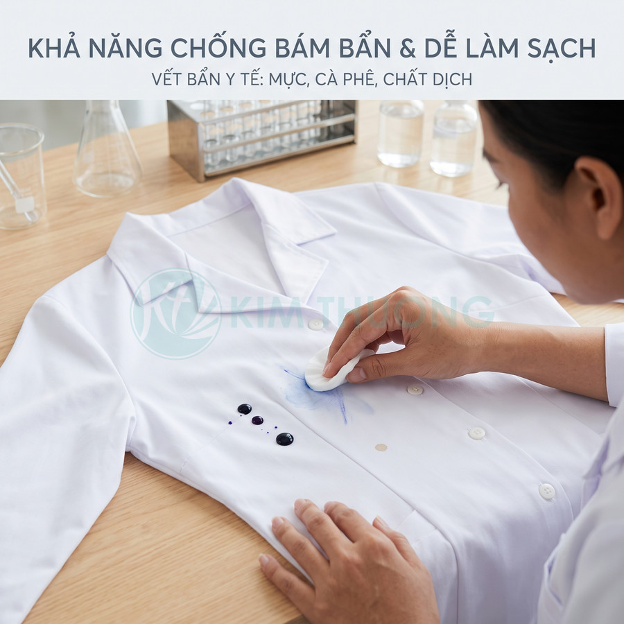 Áo blouse y tế Kim Thương chống bám bẩn, dễ lau sạch vết mực và chất lỏng trên bề mặt vải