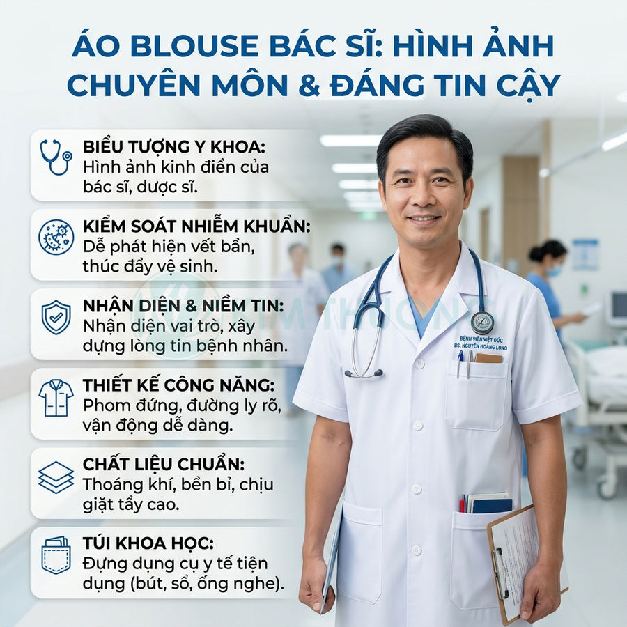Áo blouse bác sĩ trắng chuyên nghiệp với ống nghe và túi đựng dụng cụ y tế trong bệnh viện