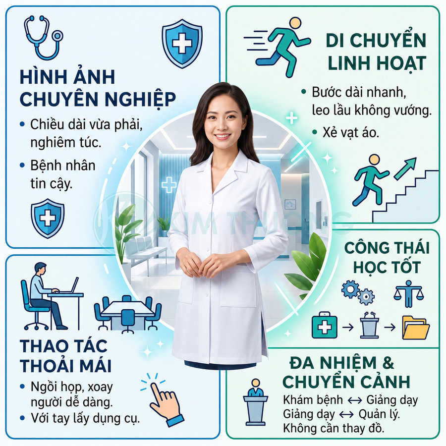 Áo blouse bác sĩ nữ màu trắng dài tay, thiết kế chuyên nghiệp, thoải mái khi khám bệnh và di chuyển linh hoạt