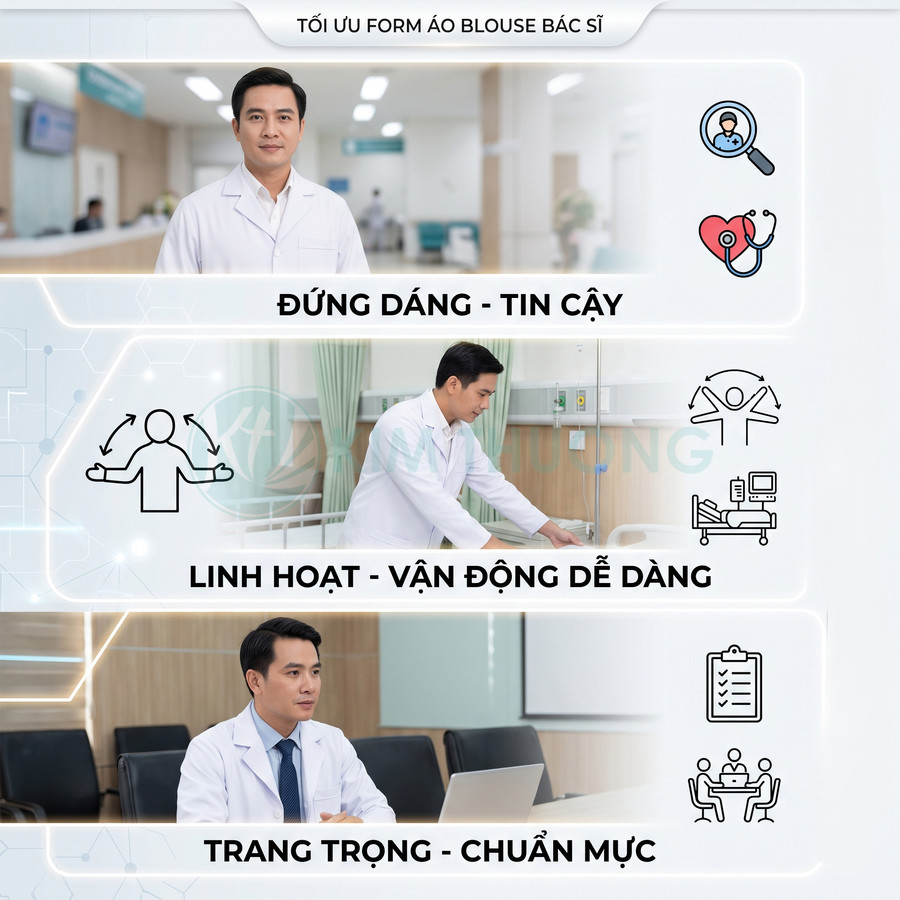 Áo blouse bác sĩ trắng form chuẩn, tôn dáng, linh hoạt khi làm việc và tạo vẻ trang trọng chuyên nghiệp trong bệnh viện