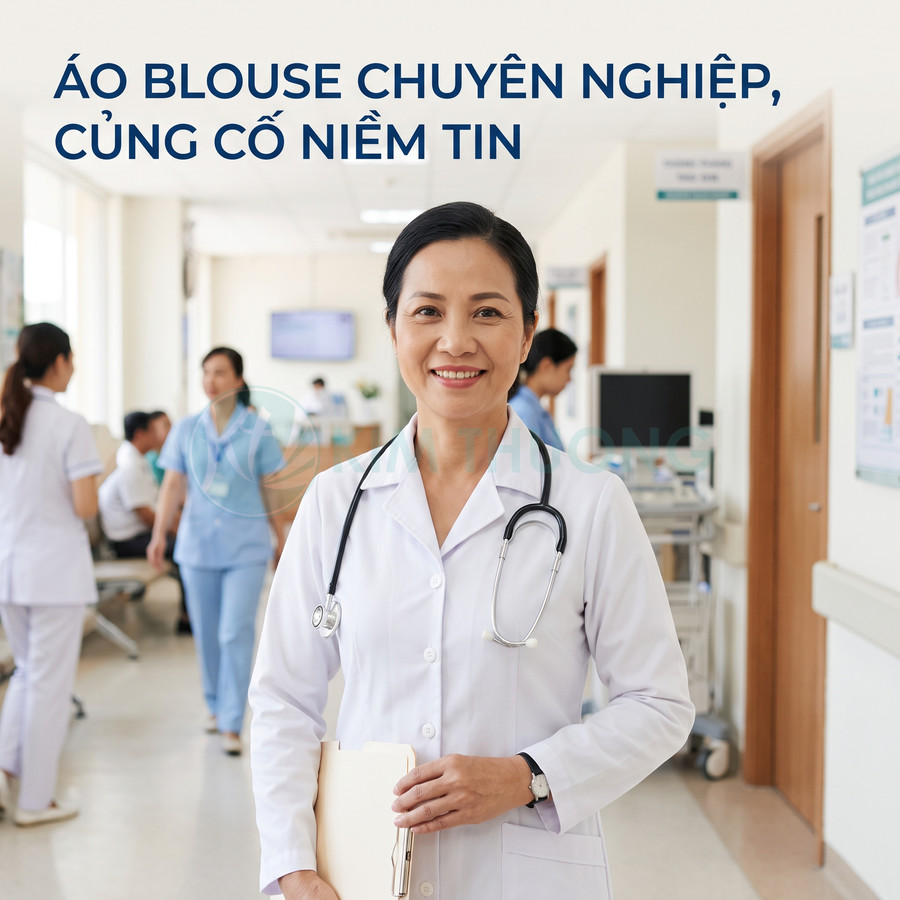 Bác sĩ nữ mặc áo blouse trắng chuyên nghiệp, đeo ống nghe, đứng trong hành lang bệnh viện