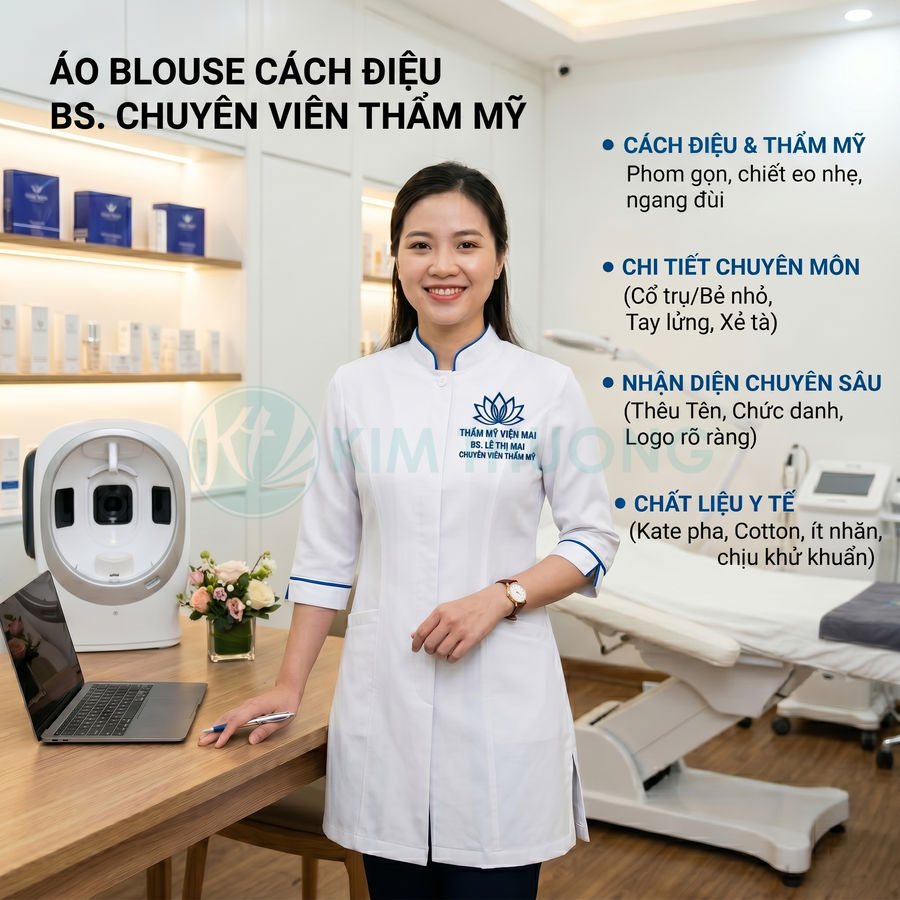 Áo blouse cách điệu cho bác sĩ chuyên viên thẩm mỹ màu trắng viền xanh trong phòng khám hiện đại