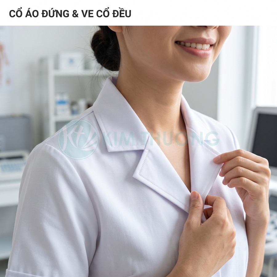 Cổ áo đứng ve cổ đều trên áo blouse trắng nữ Kim Thương trong phòng khám