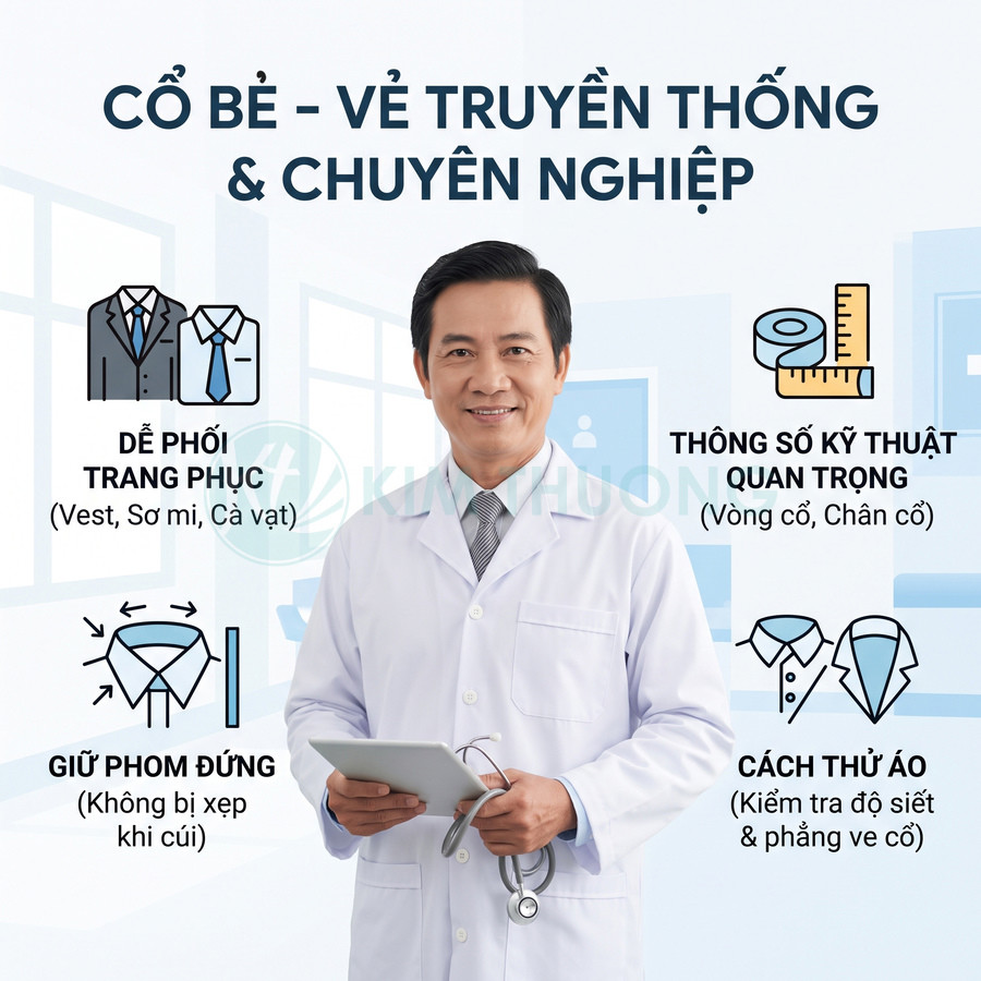 Bác sĩ nam mặc áo blouse trắng cầm máy tính bảng, minh họa ưu điểm cổ áo sơ mi chuyên nghiệp