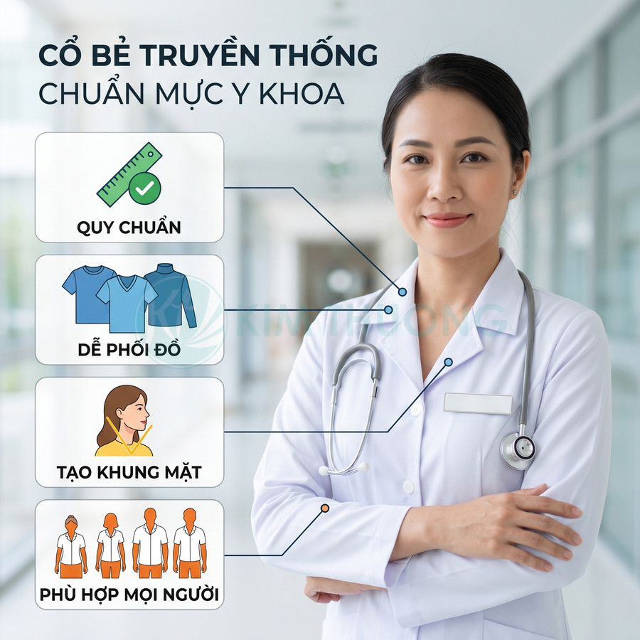 Áo blouse cổ bẻ truyền thống cho bác sĩ nữ màu trắng chuẩn y khoa, dễ phối đồ và phù hợp nhiều dáng người