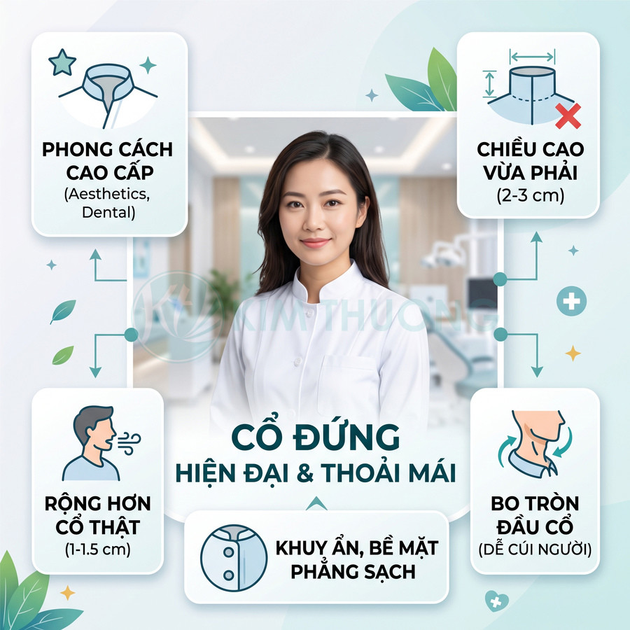 Áo blouse cổ đứng hiện đại cho nha sĩ nữ, chất liệu trắng cao cấp, thiết kế thoải mái dễ cử động