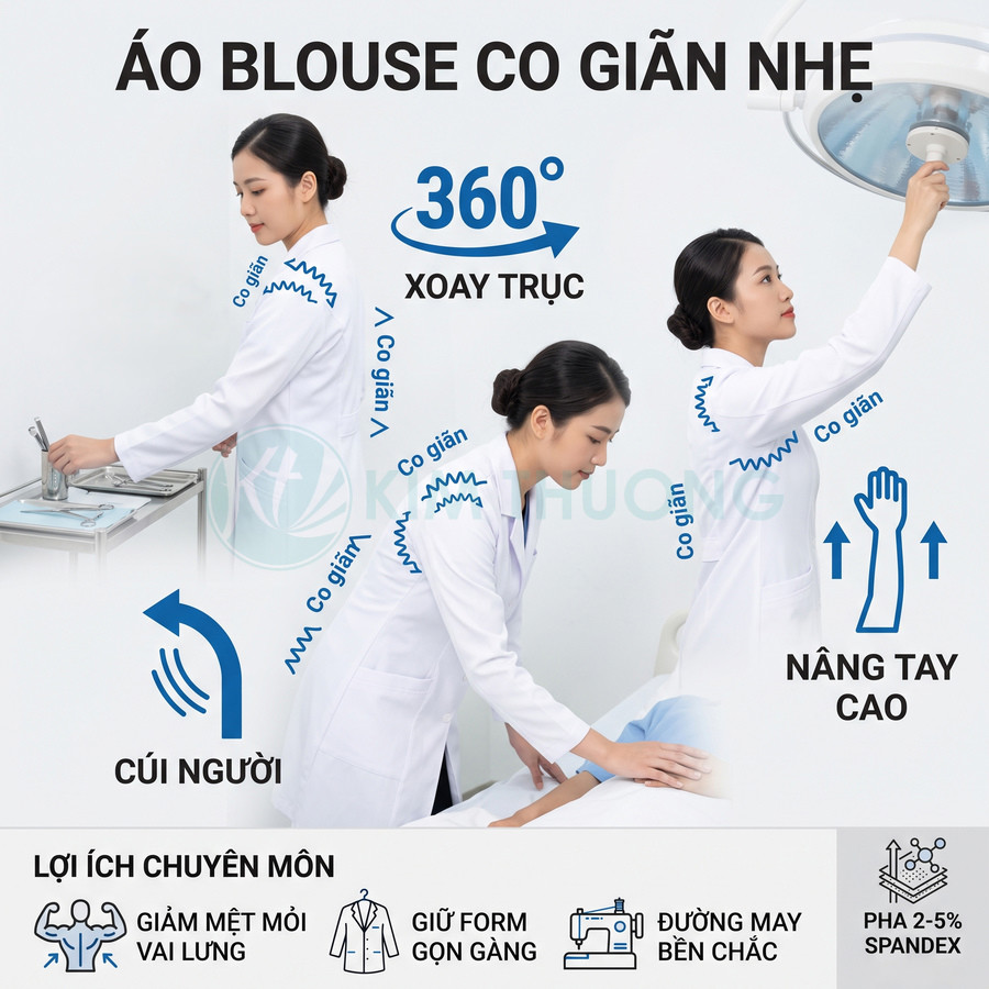 Áo blouse y tế co giãn nhẹ cho bác sĩ, dễ cúi người xoay trục nâng tay cao, giữ form gọn gàng và giảm mệt mỏi