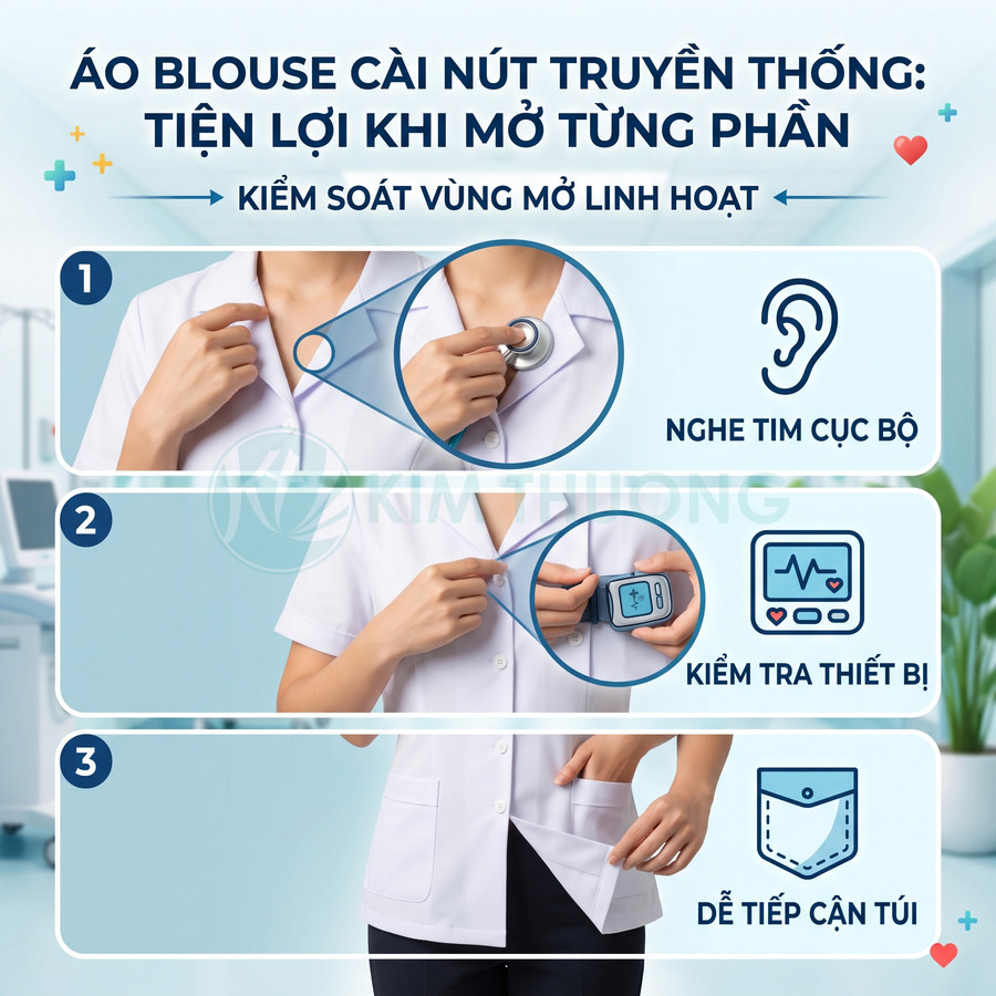 Áo blouse cài nút truyền thống màu trắng cho bác sĩ, dễ mở từng phần khi khám và thao tác thiết bị y tế