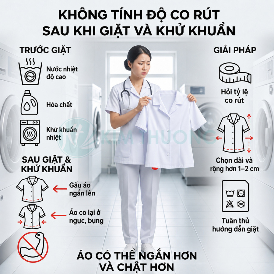 Nhân viên y tế cầm áo blouse trắng bị co rút sau khi giặt khử khuẩn trong phòng giặt ủi