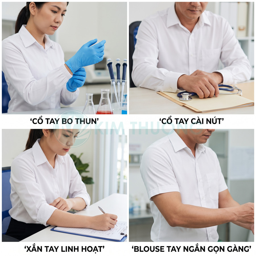 Áo blouse trắng y tế với nhiều kiểu tay áo bo thun, cài nút, xắn tay linh hoạt và tay ngắn gọn gàng