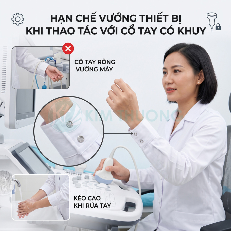 Áo blouse bác sĩ cổ tay có khuy bấm tiện thao tác siêu âm và rửa tay không vướng thiết bị