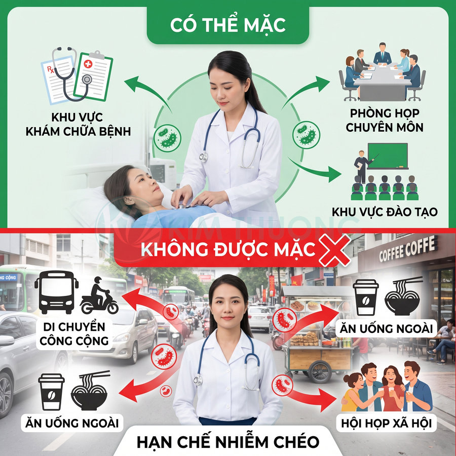 Bác sĩ mặc áo blouse trắng hướng dẫn nơi được phép và không được phép sử dụng để hạn chế nhiễm chéo