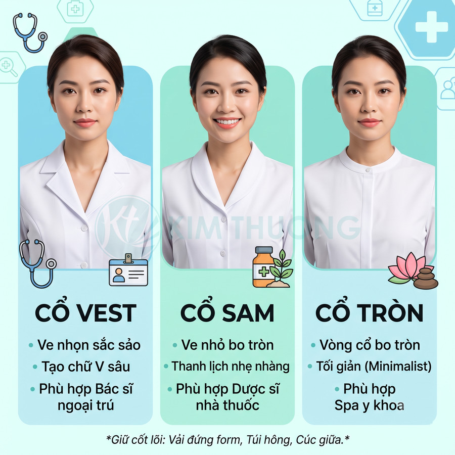 Áo blouse y tế nữ cổ vest cổ sam cổ tròn màu trắng cho bác sĩ dược sĩ spa