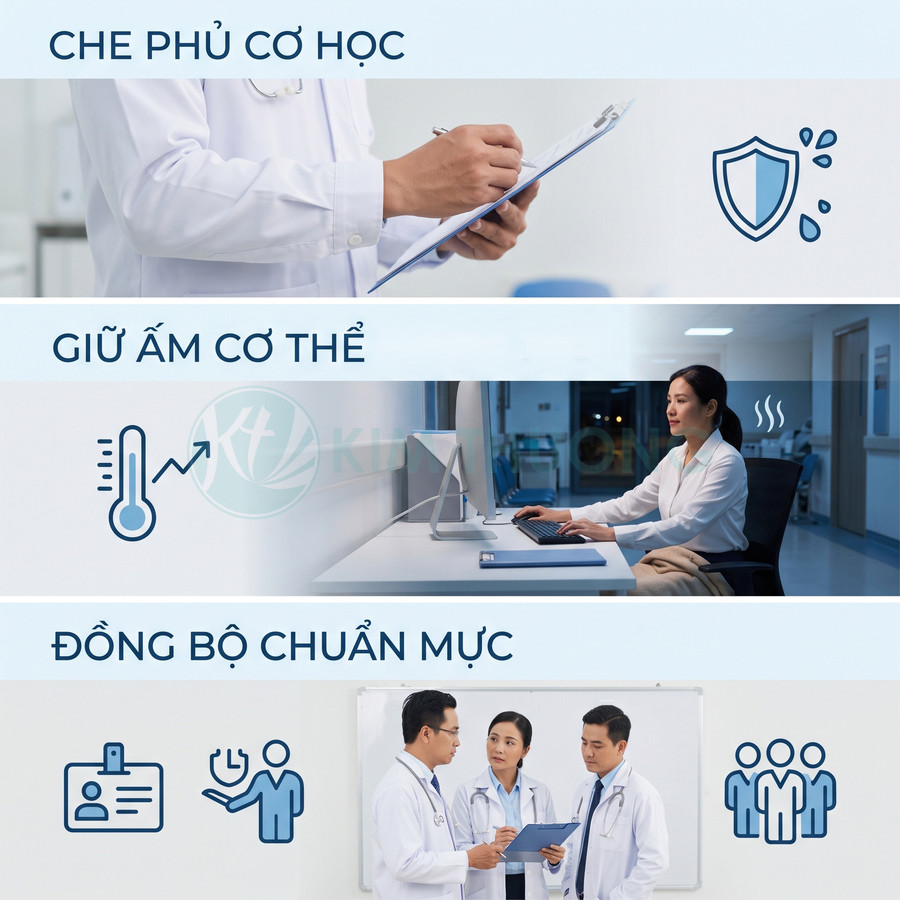 Áo blouse bác sĩ giúp che phủ cơ học giữ ấm cơ thể và đồng bộ chuẩn mực cho nhân viên y tế