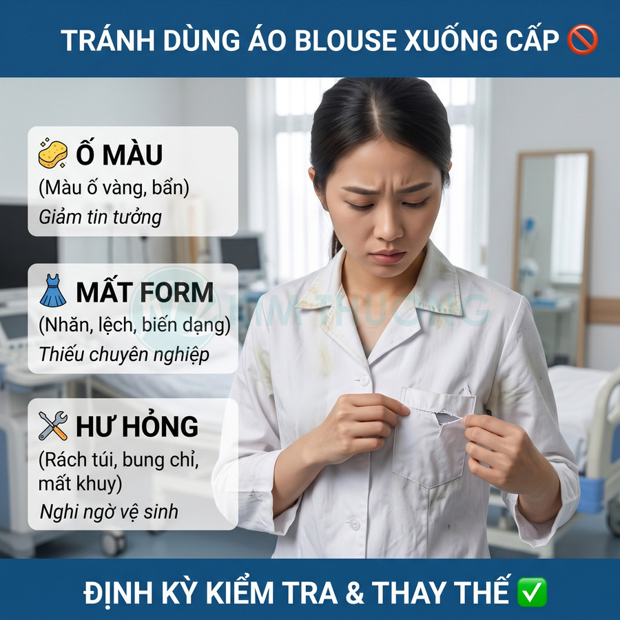 Bác sĩ nữ mặc áo blouse trắng bị ố bẩn rách túi, cảnh báo nên kiểm tra và thay áo định kỳ