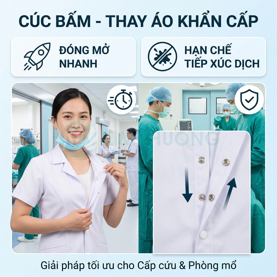 Áo blouse y tế cúc bấm giúp thay áo nhanh, hạn chế tiếp xúc dịch trong phòng cấp cứu và phòng mổ