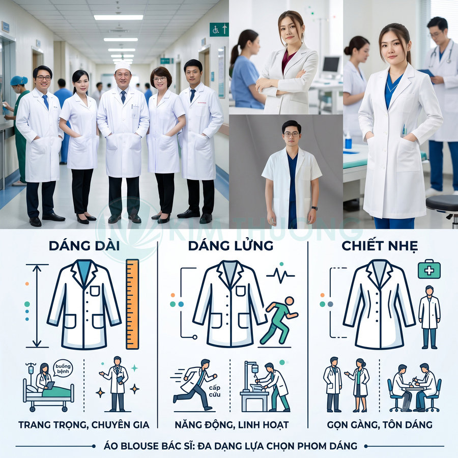 Áo blouse bác sĩ trắng nhiều kiểu dáng dài, lửng, chiết nhẹ cho nhân viên y tế trong bệnh viện