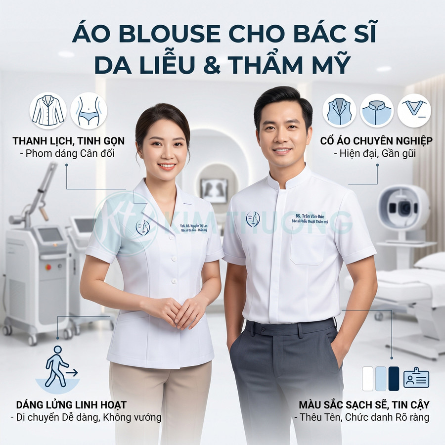Áo blouse bác sĩ da liễu thẩm mỹ màu trắng thiết kế hiện đại, cổ đứng, dáng gọn gàng trong phòng khám sạch sẽ