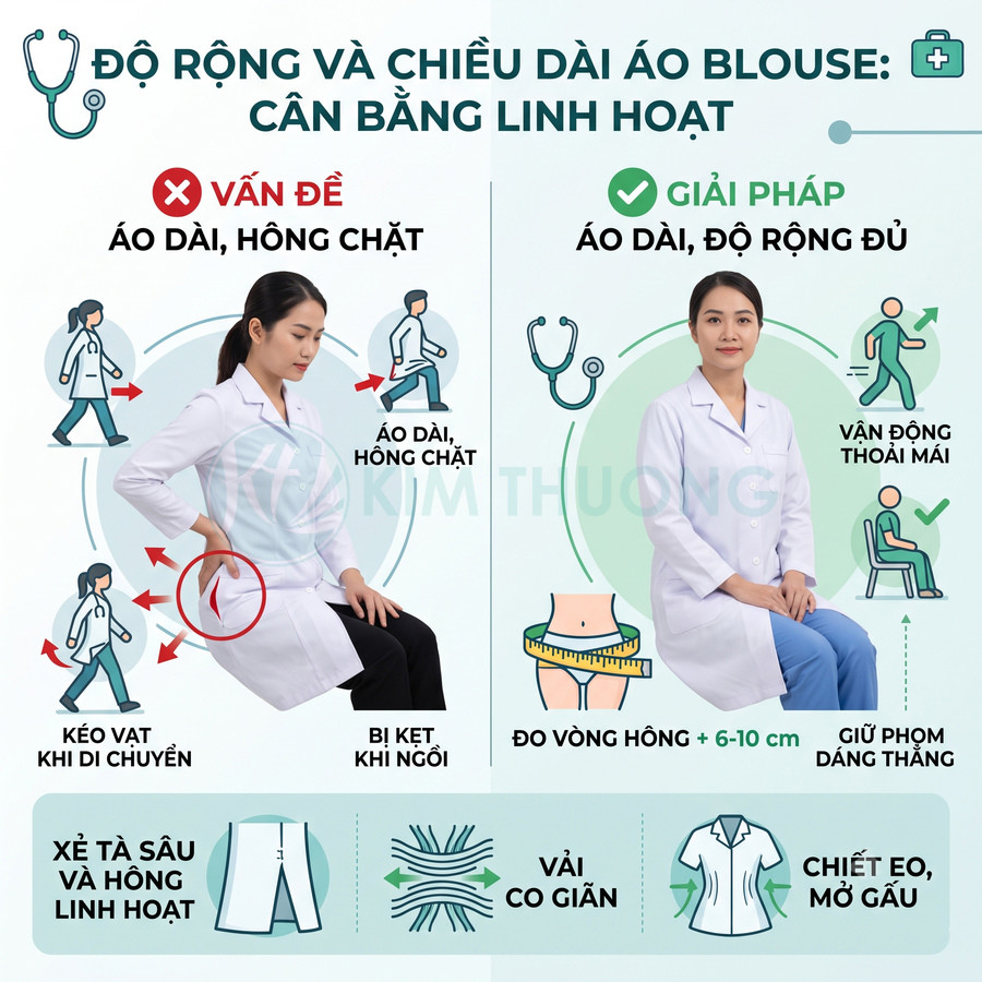 Áo blouse bác sĩ nữ dáng dài rộng, vải co giãn, xẻ tà sâu giúp vận động thoải mái khi làm việc