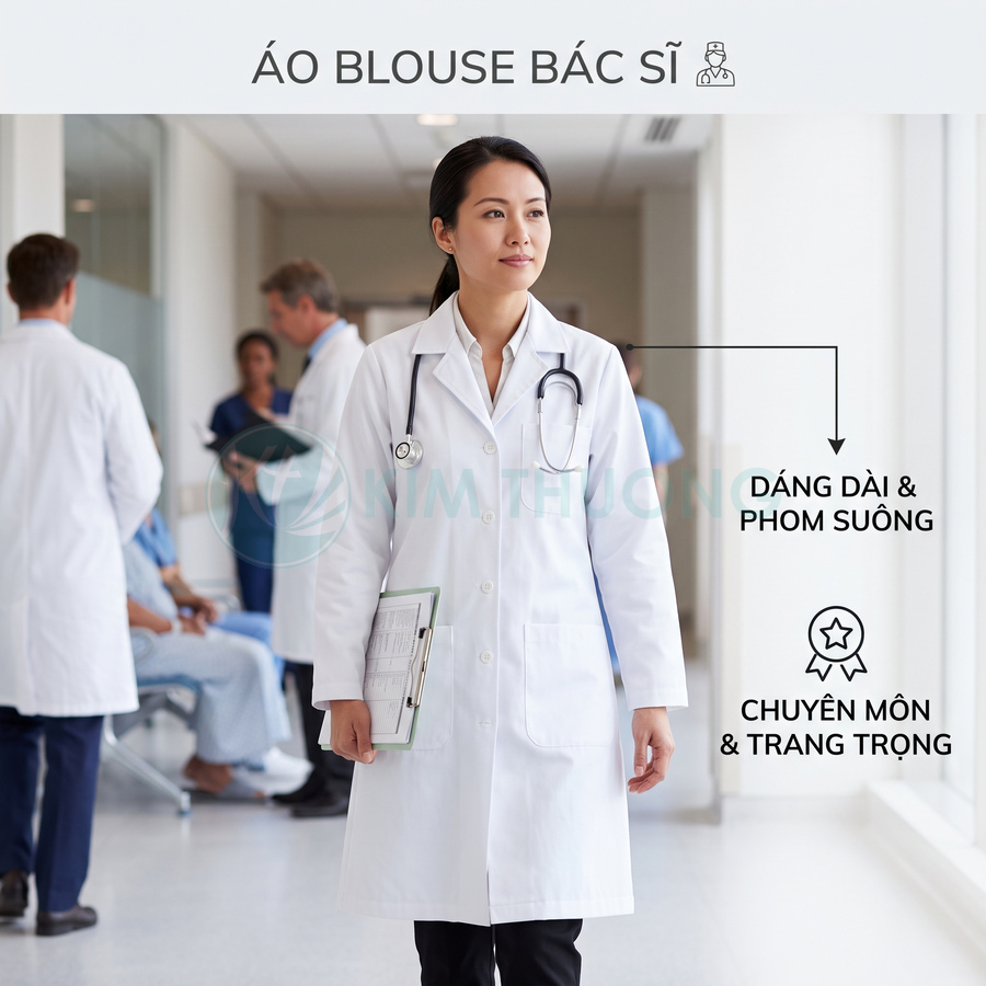 Áo blouse bác sĩ dáng dài phom suông màu trắng, cổ ve, túi lớn, phù hợp môi trường bệnh viện chuyên nghiệp