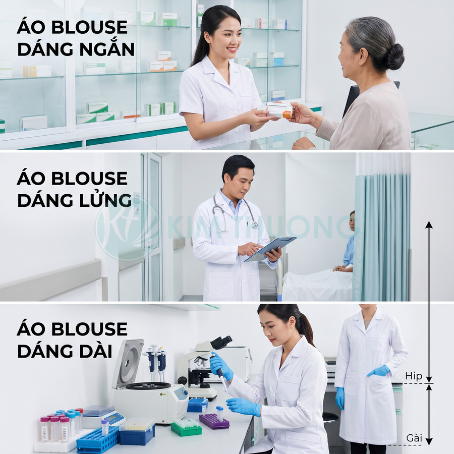 Các kiểu áo blouse trắng ngắn, dáng lửng và dáng dài cho bác sĩ và nhân viên y tế trong bệnh viện
