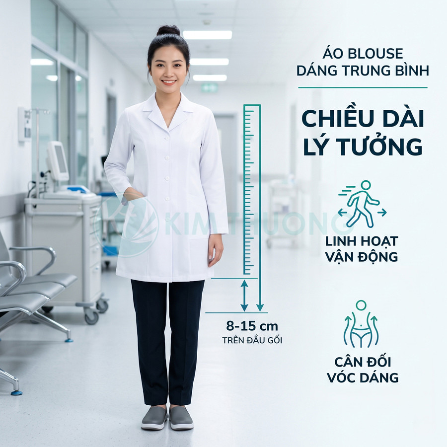 Áo blouse trắng dáng trung bình cho bác sĩ nữ, chiều dài trên gối 8–15 cm, thiết kế linh hoạt vận động và tôn dáng