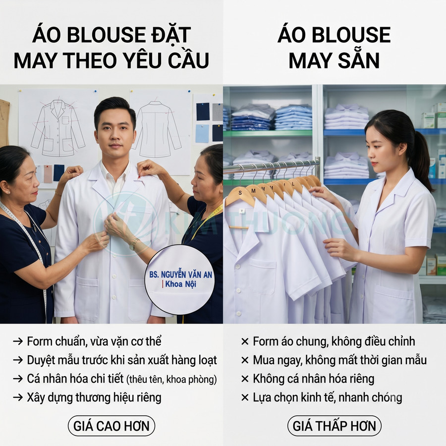 So sánh áo blouse bác sĩ đặt may theo yêu cầu và áo blouse may sẵn treo trên giá trong phòng khám