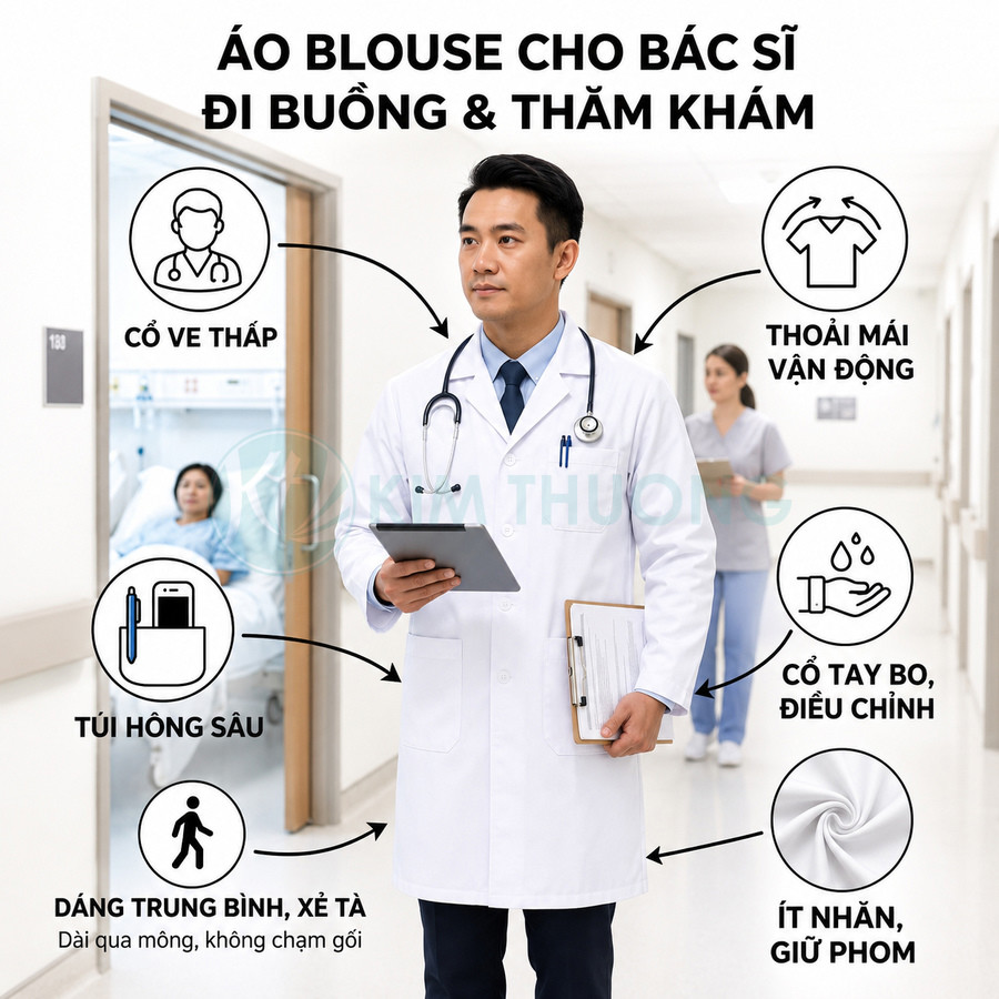 Áo blouse bác sĩ nam màu trắng cổ ve thấp, túi hông sâu, ít nhăn giữ phom, phù hợp đi buồng và thăm khám
