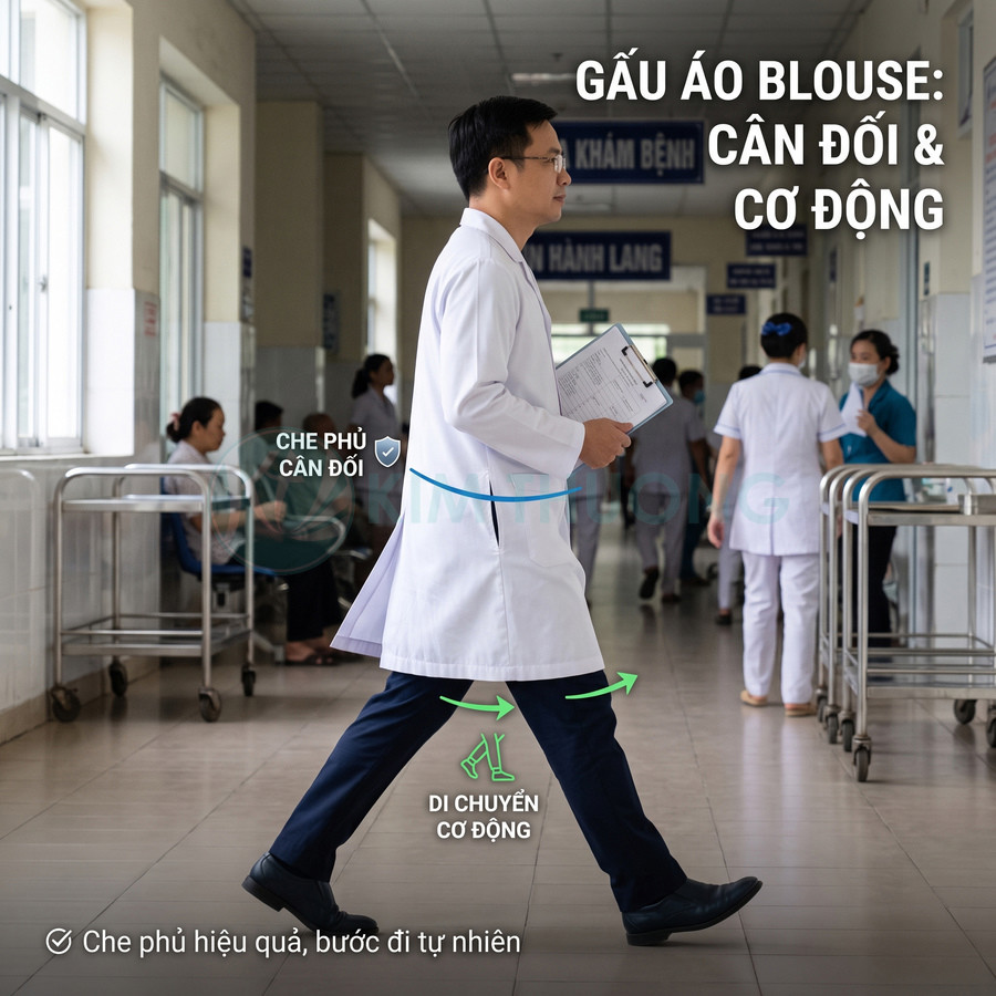 Bác sĩ nam mặc áo blouse trắng dài cân đối, bước đi trong hành lang bệnh viện, tay cầm hồ sơ khám bệnh