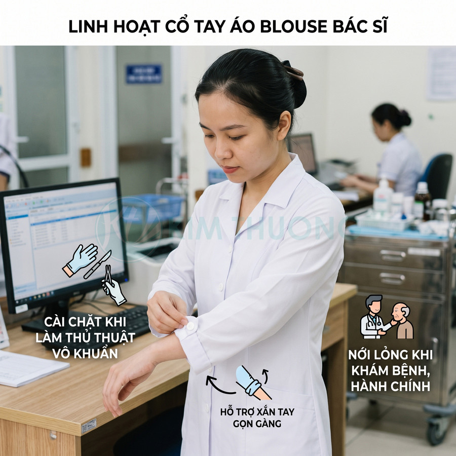 Áo blouse bác sĩ cổ tay linh hoạt, nữ nhân viên y tế cài khuy tay áo trong phòng khám