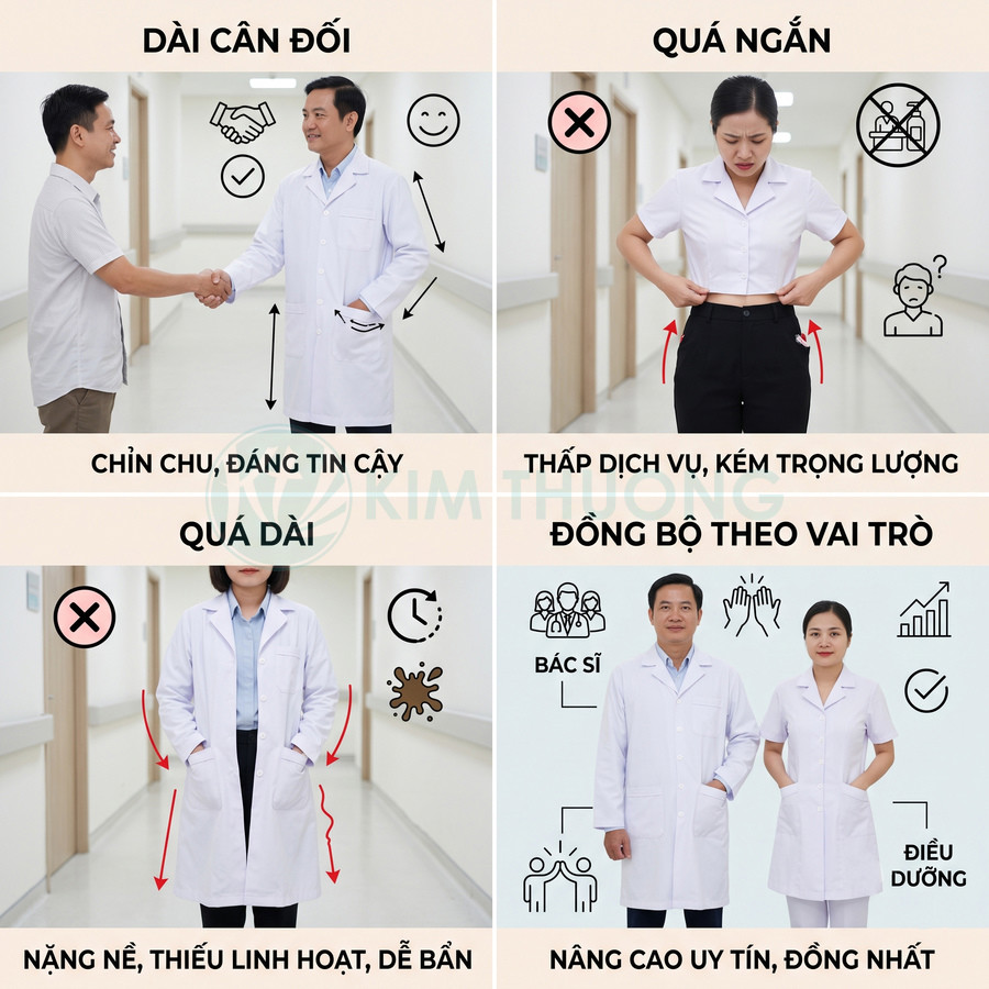 So sánh độ dài áo blouse bác sĩ và điều dưỡng, nhấn mạnh mẫu áo chuẩn, vừa vặn, chuyên nghiệp trong bệnh viện