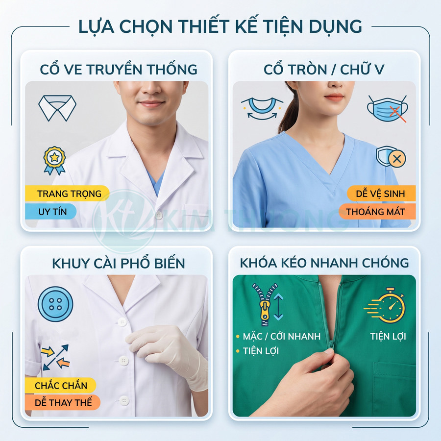 Các kiểu áo blouse y tế cổ truyền thống, cổ tròn chữ V, cài khuy và khóa kéo tiện dụng cho bác sĩ, y tá