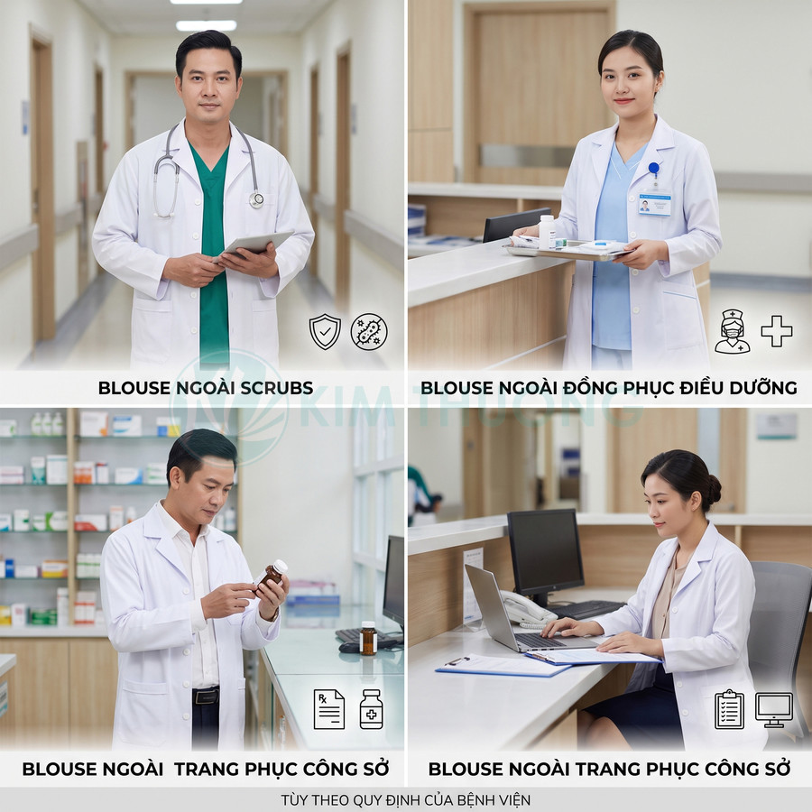 Áo blouse trắng bác sĩ và điều dưỡng mặc ngoài đồng phục y tế trong bệnh viện hiện đại