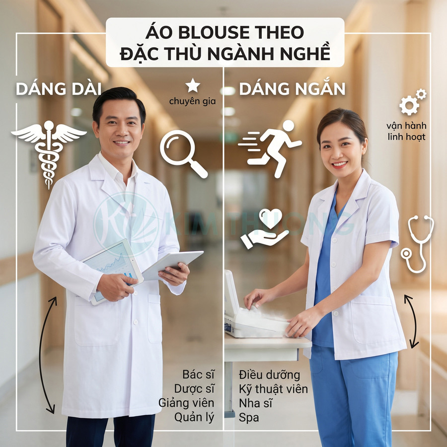 Áo blouse trắng dáng dài và dáng ngắn cho bác sĩ, điều dưỡng, nhân viên y tế trong bệnh viện