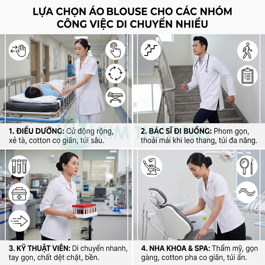 Áo blouse y tế cho điều dưỡng, bác sĩ, kỹ thuật viên, nha khoa thiết kế thoải mái, co giãn, phù hợp công việc di chuyển nhiều