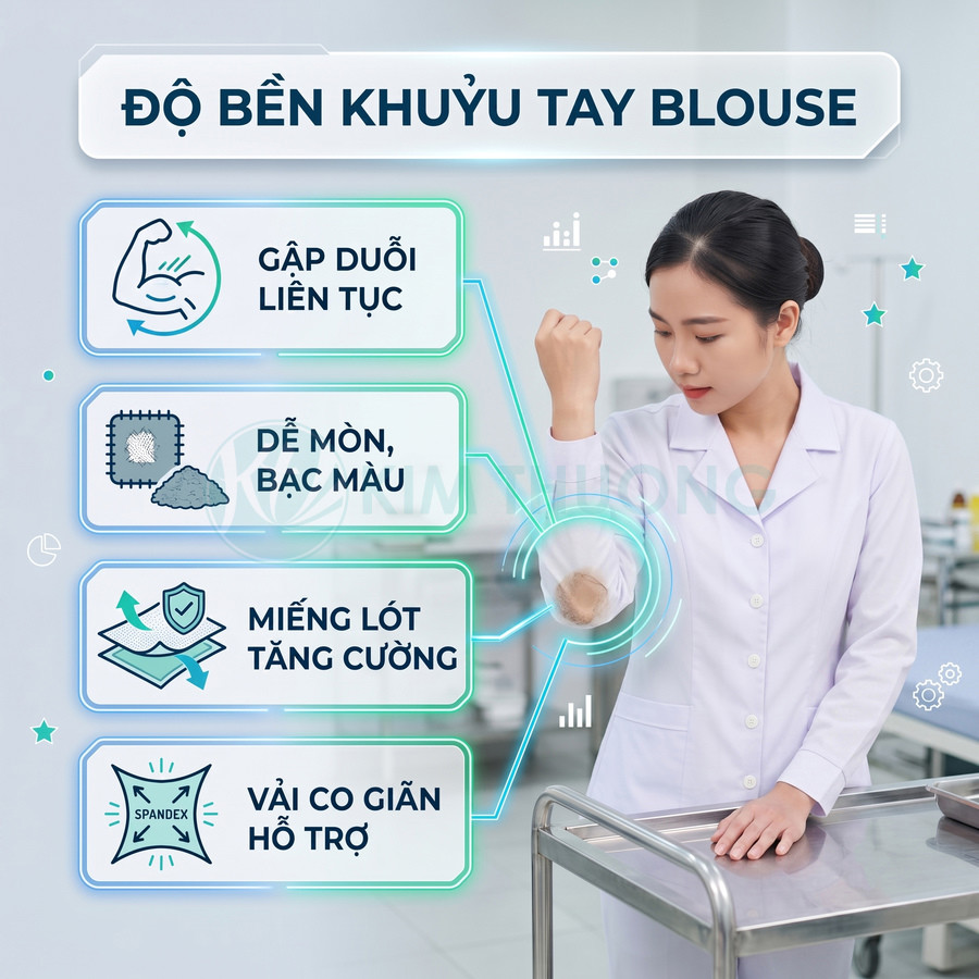Áo blouse y tế nữ với phần khuỷu tay bị mòn rách và các ưu điểm vải co giãn miếng lót tăng cường