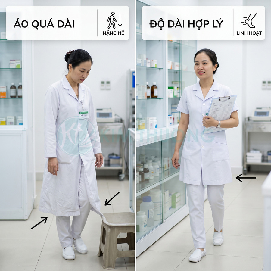 So sánh áo blouse nữ quá dài và áo blouse nữ độ dài hợp lý trong nhà thuốc