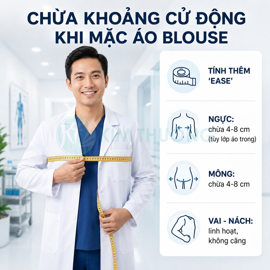 Bác sĩ mặc áo blouse trắng đo vòng ngực bằng thước dây, hướng dẫn chọn size áo blouse rộng thoải mái