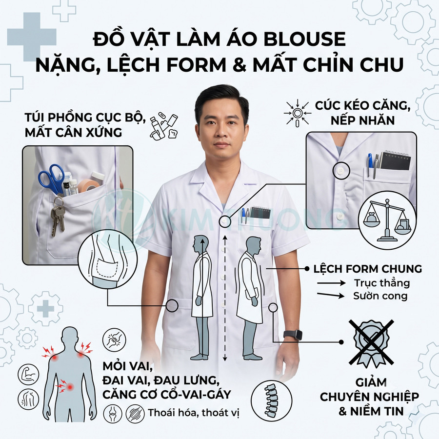 Áo blouse bác sĩ trắng với túi áo đựng nhiều vật dụng khiến áo phồng cục bộ và lệch form